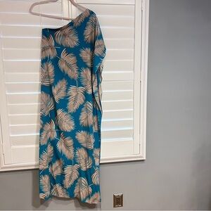 Tyche Palm Print One Strap Maxi Dress Aqua Brown Size Small